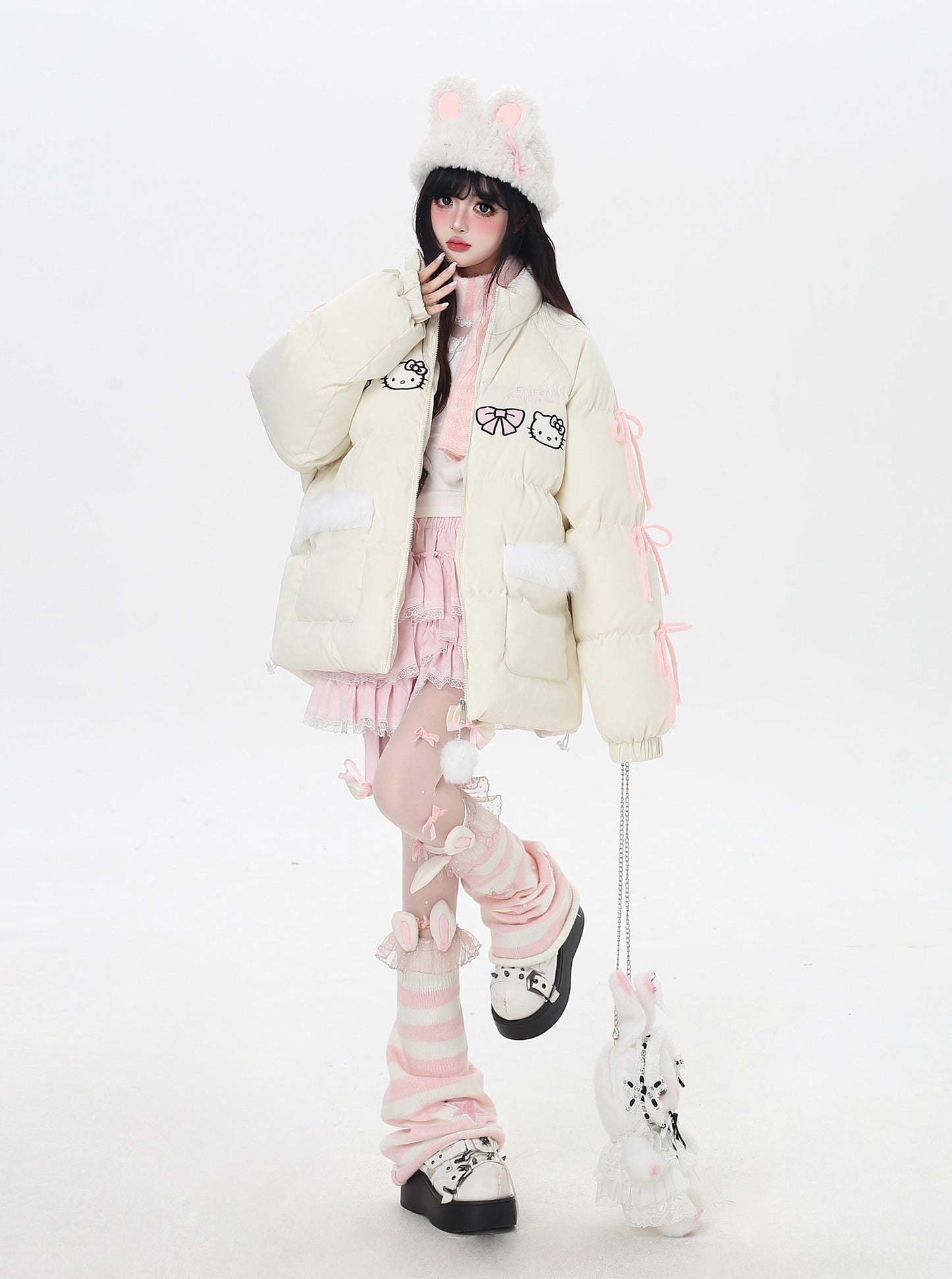 ねこモチーフリボン付き厚手コットンジャケット