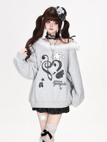 ファー付きオフショルハートグラフィックスウェット