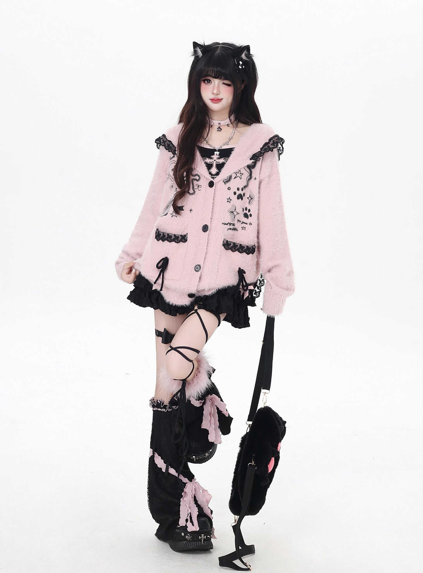 うさ耳レースフード付きニットカーデ