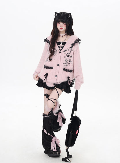 うさ耳レースフード付きニットカーデ