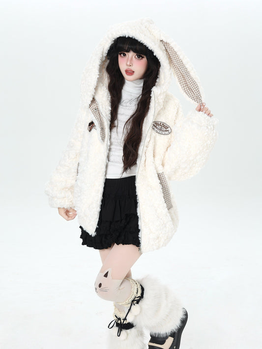 うさ耳＆刺繍入り チェック切替ボアジャケット