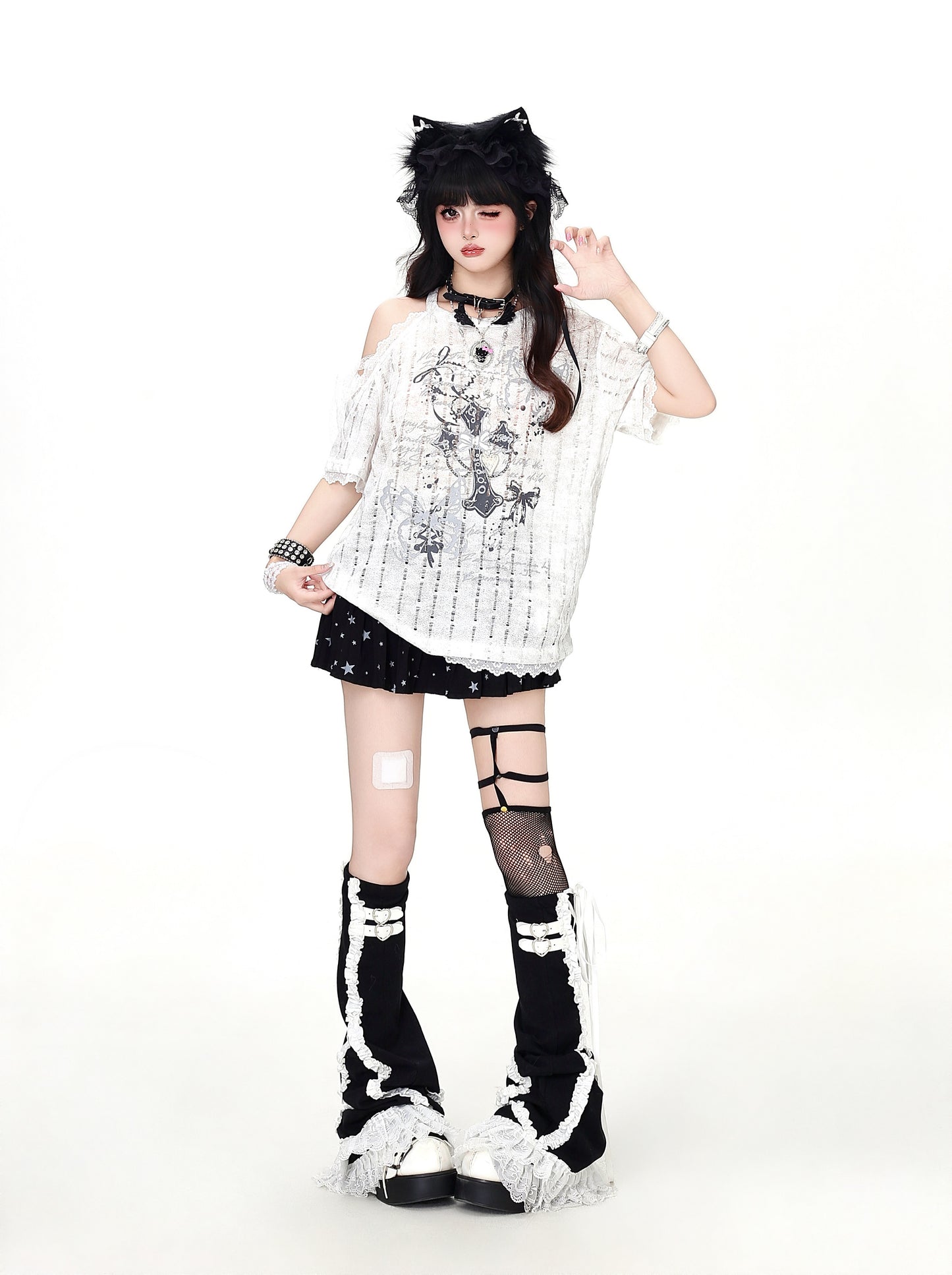 クロスレースオフショルTシャツ