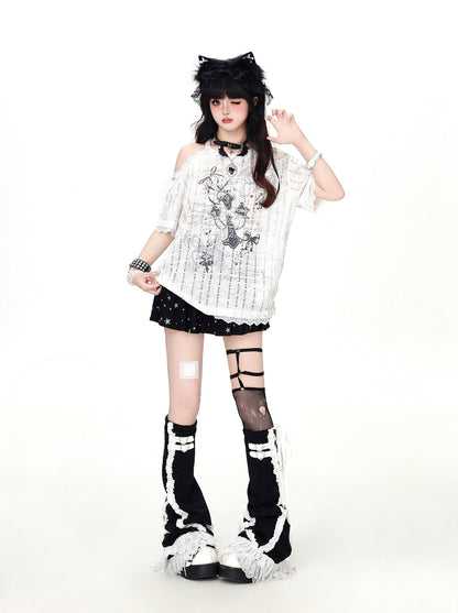 クロスレースオフショルTシャツ