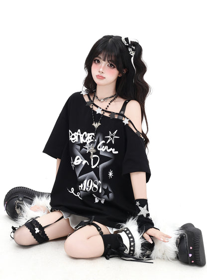 白黒ドット×肩あきゆるT