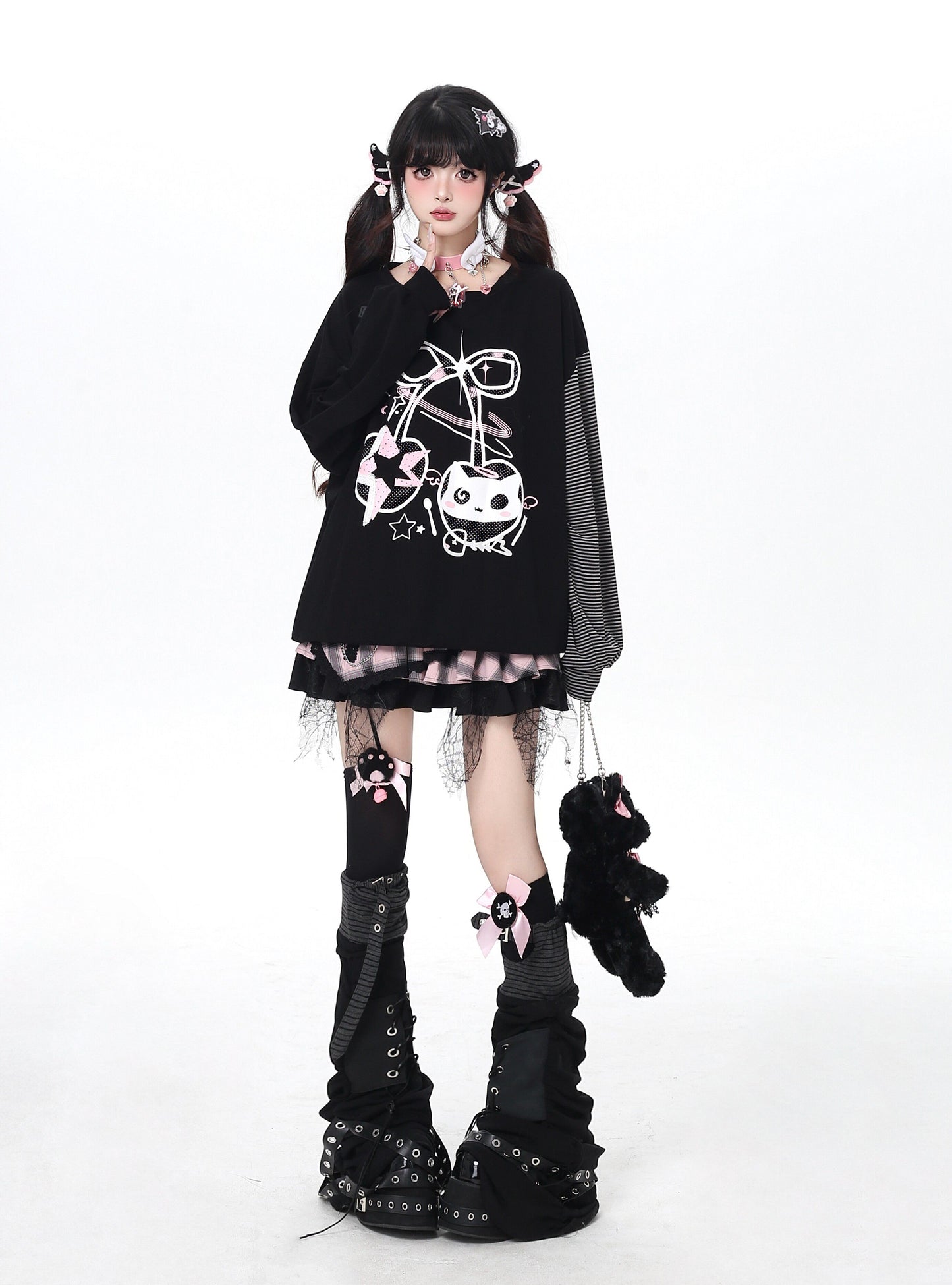 ねこ×チェリーボーダーゆるT