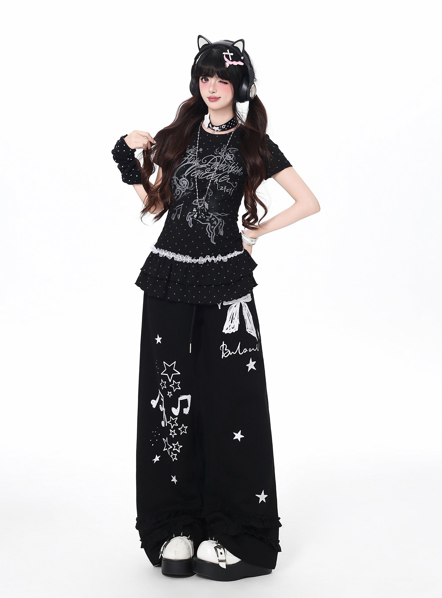 ドットフリルトップス｜韓国ガーリー・細見え