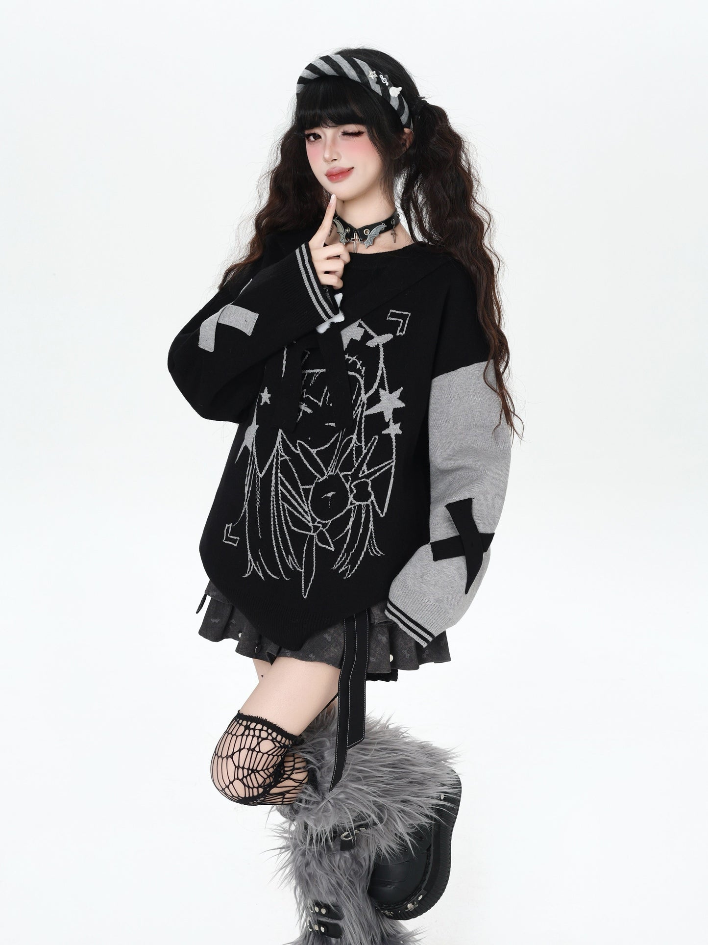 ゴシック サブカル 肩見せイラストプリントニット