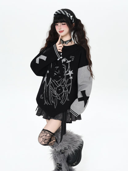 ゴシック サブカル 肩見せイラストプリントニット