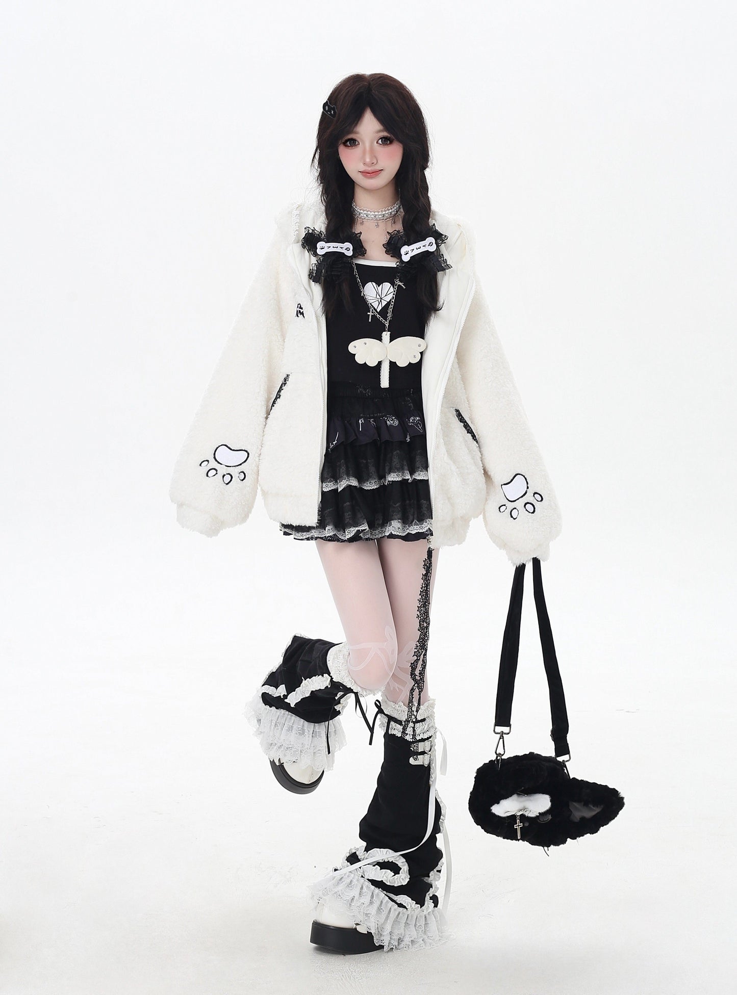 猫刺繍 フード付きルーズボアジャケット｜冬のゆるサブカル