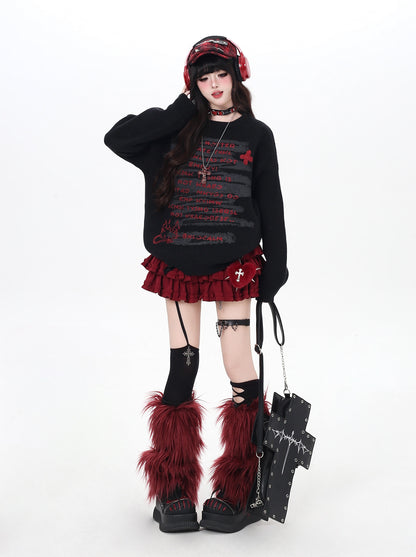 ゴシック猫ニット｜黒×グレーのゆる甘クールコーデ