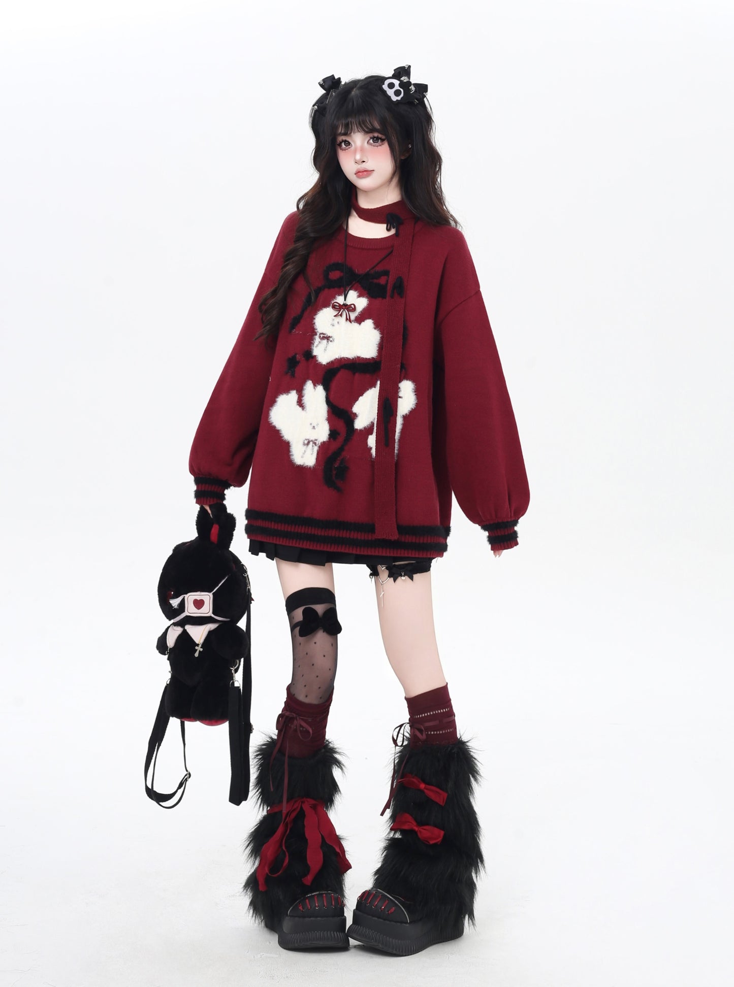 ゆる地雷 うさみみ×リボン ニットセーター 秋冬 オーバーサイズ 量産型 Y2Kコーデ