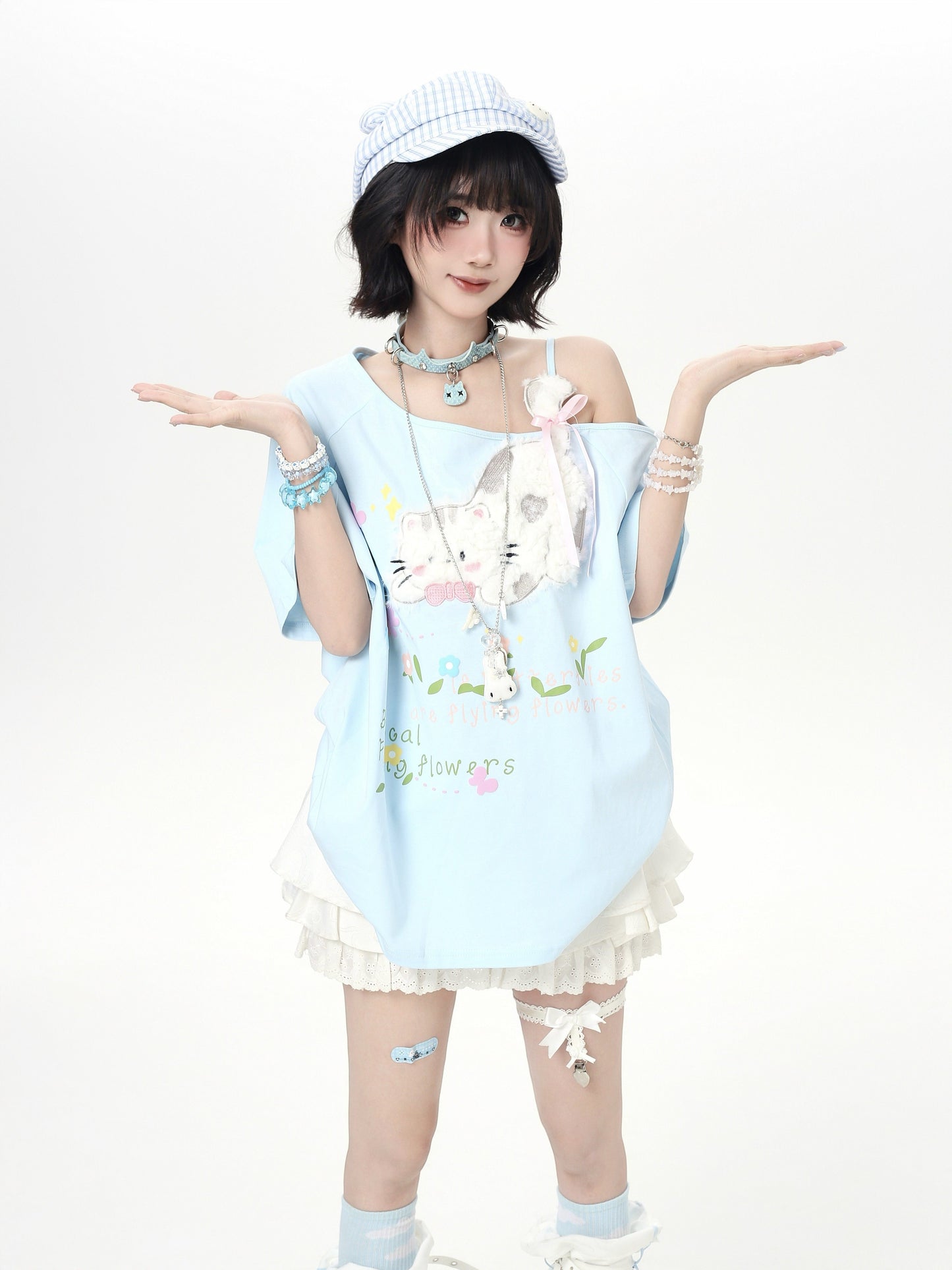 ネコモチーフオフショルレイヤードT