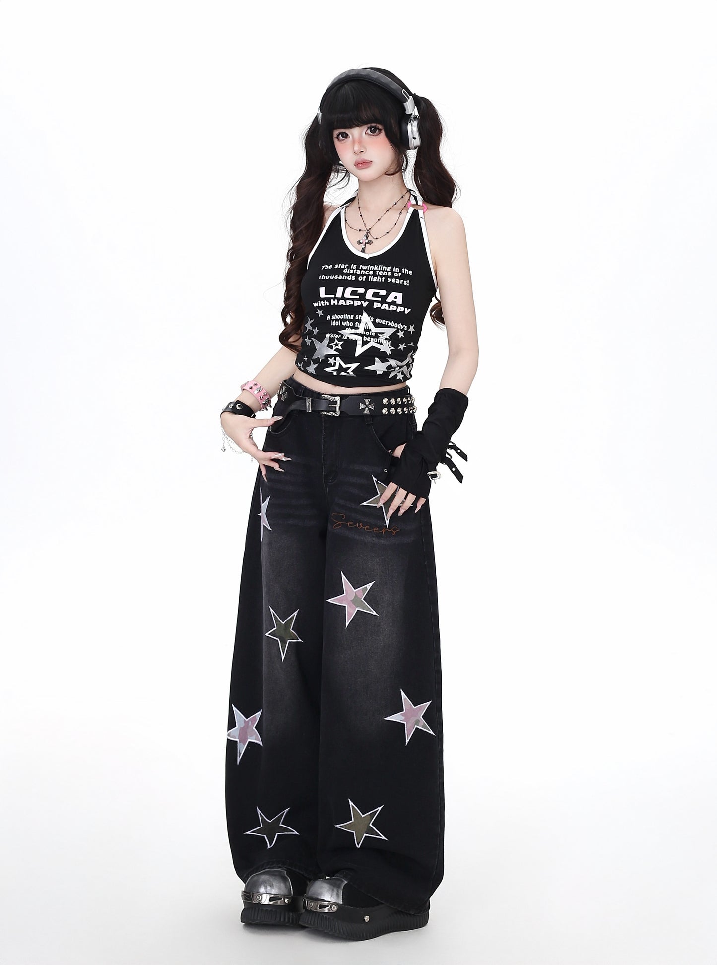 スターパッチ刺繍ストレートデニム