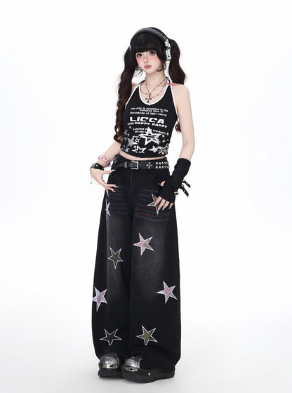 スターパッチ刺繍ストレートデニム