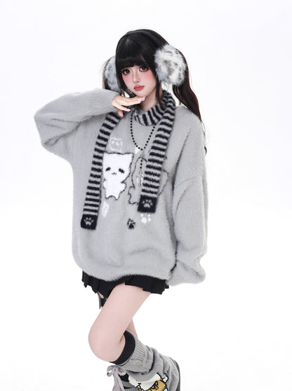 ふわもこ猫柄ニット＋マフラー付き