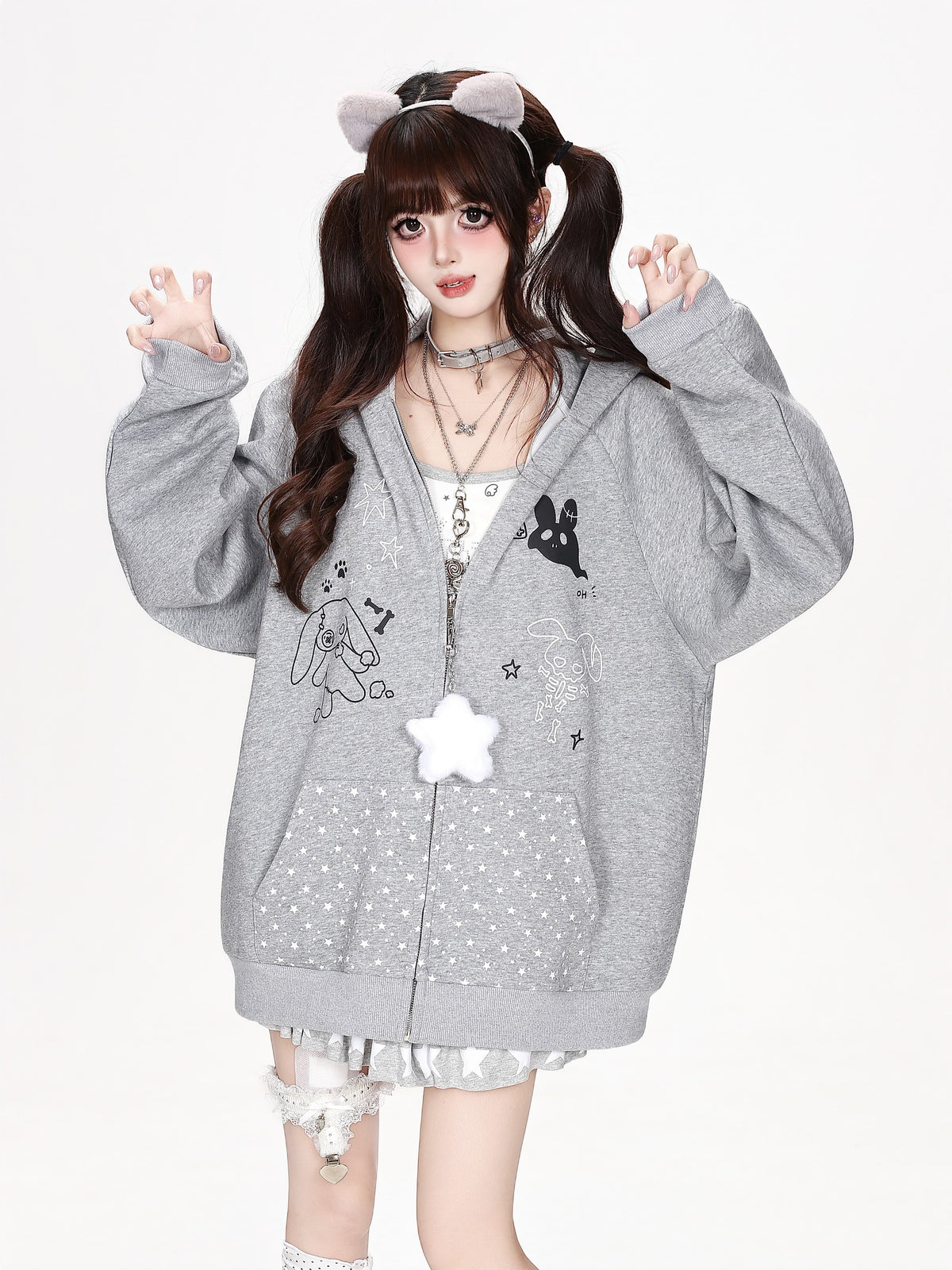 スター柄ロングうさ耳グラフィックジップパーカー