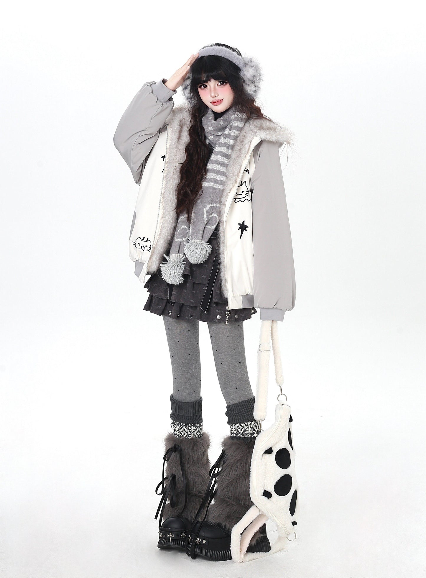 猫耳刺繍 ボリューム中綿アウター