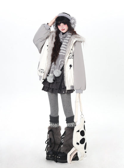 猫耳刺繍 ボリューム中綿アウター