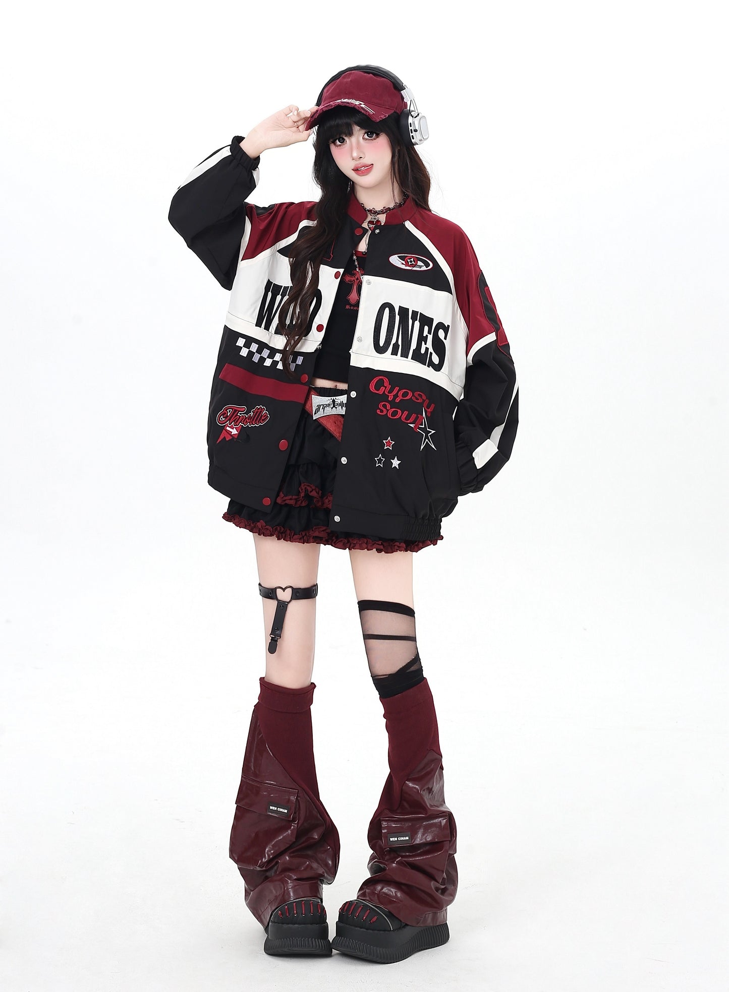 ストリート復古パッチワーク×ライダーズスタジャン（取り外し可能）