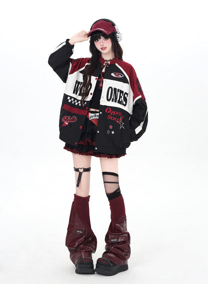 ストリート復古パッチワーク×ライダーズスタジャン（取り外し可能）