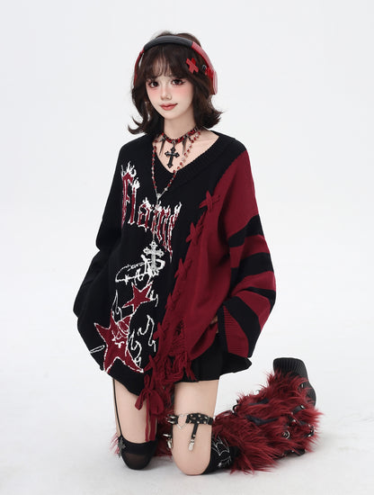 ゆるギャル系 Vネック配色リボンニット♡秋冬甘辛ミックス