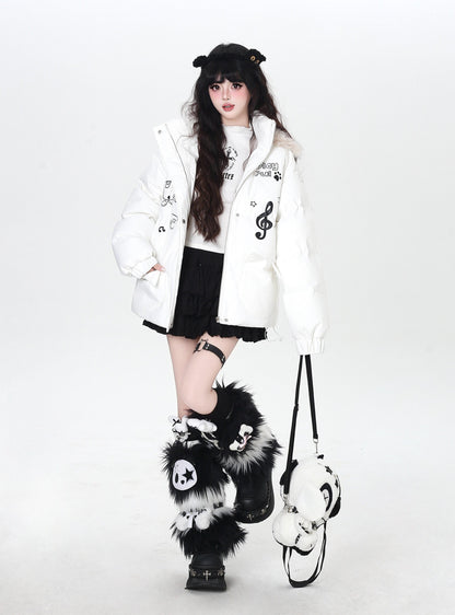 猫モチーフ 音符入り フード付き中綿ジャケット