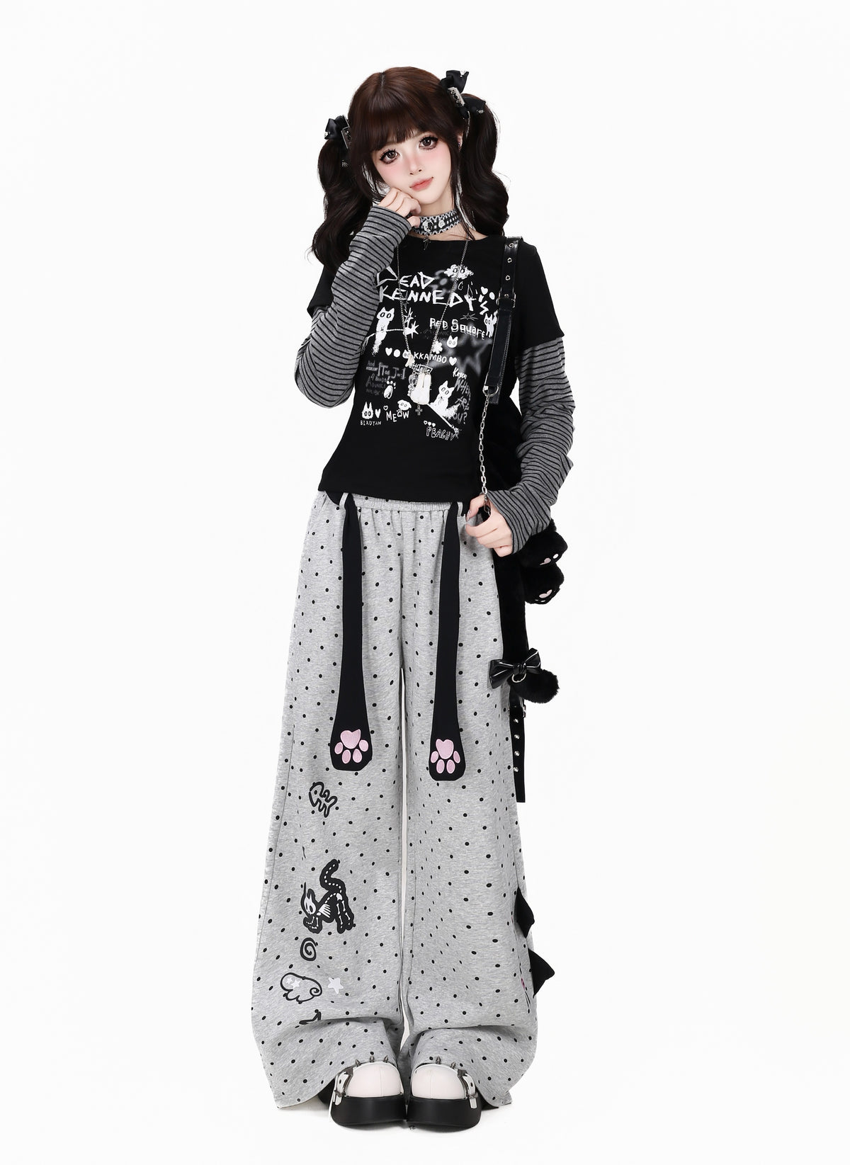 ねこドットプリントハイウエストワイドパンツ