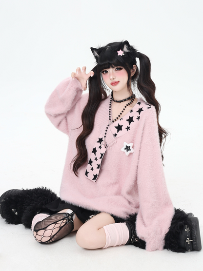 星モチーフフェイクファー重ね着風ニット