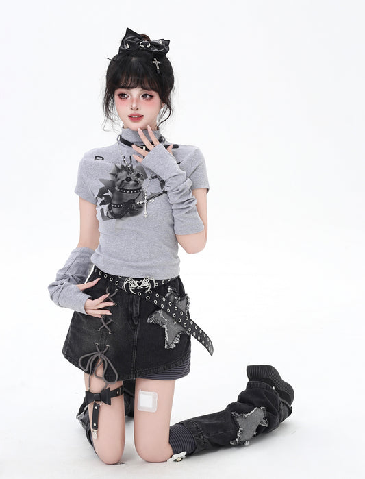 ハイネック☆ネコ柄スリム長袖Tシャツ