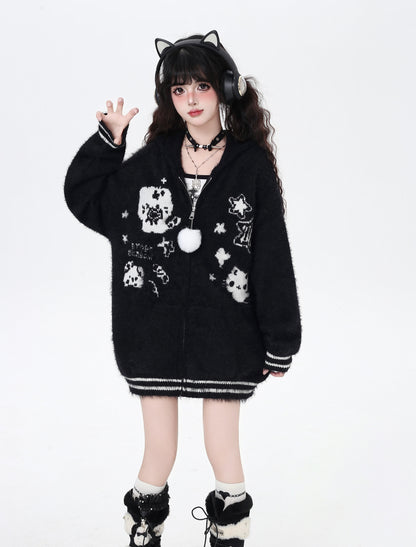 うさ耳フーディー付きゆるカワカーディガン秋冬