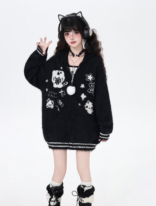 うさ耳フーディー付きゆるカワカーディガン秋冬