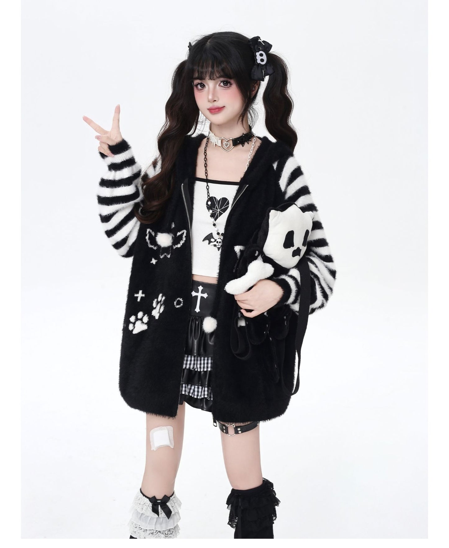 星柄ボーダーVネックフーディーニットカーデ