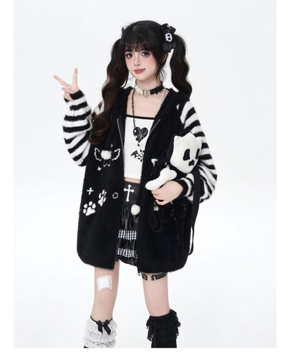 星柄ボーダーVネックフーディーニットカーデ