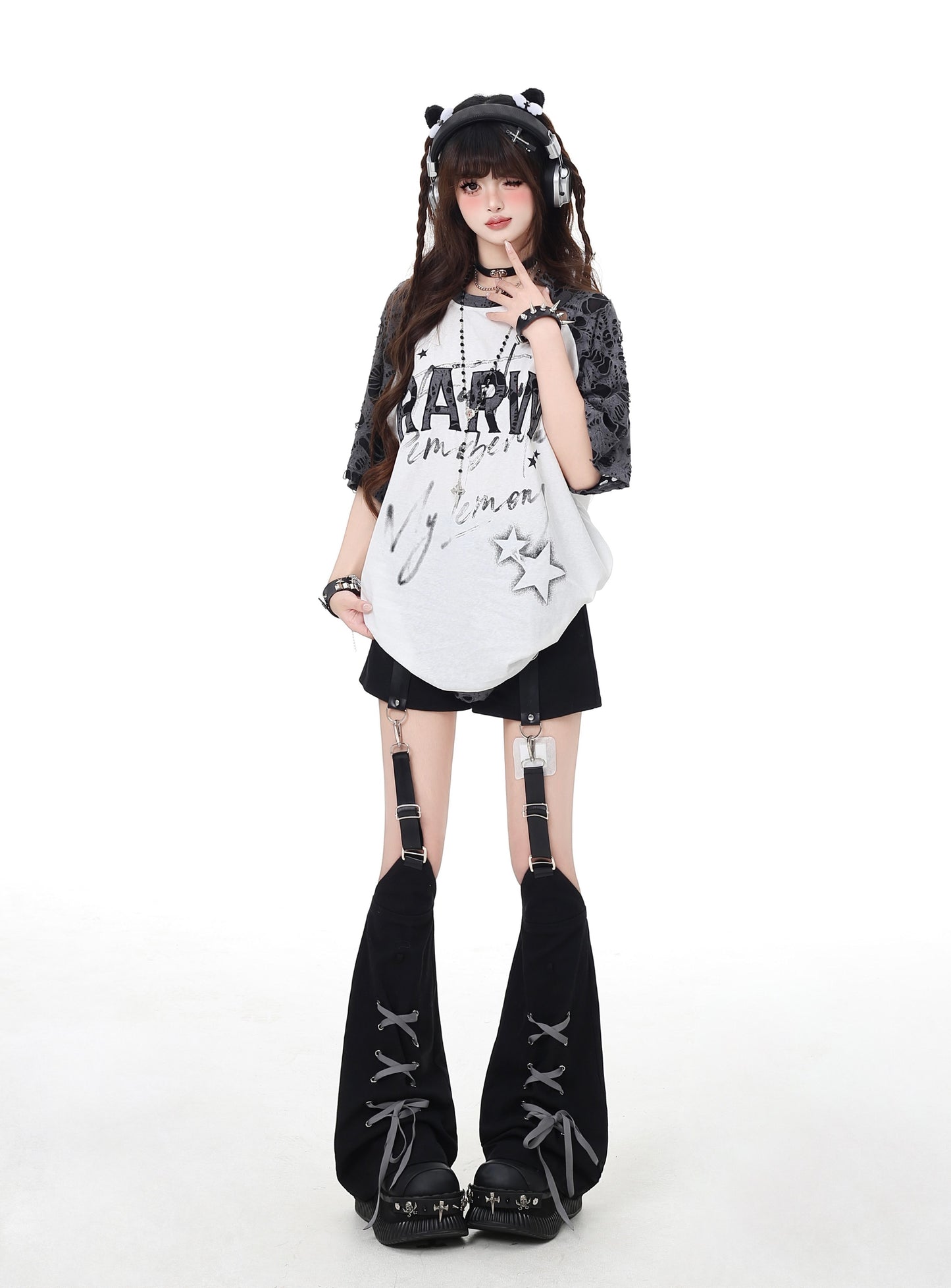 アンダーグラウンド 星柄 ダメージ＆ピースデザイン ゆるシルエットTシャツ