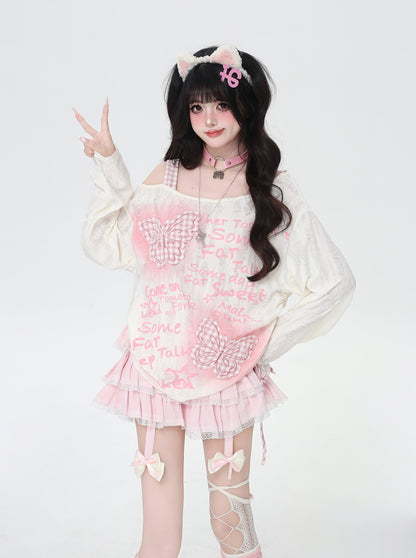 光る蝶々ワッペン×ドロスト オフショルT