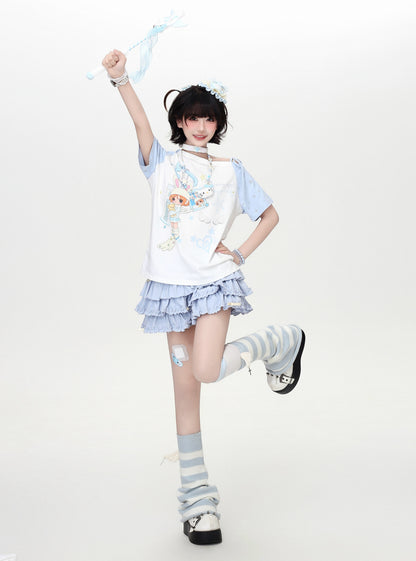 アシメ配色レースアップTシャツ