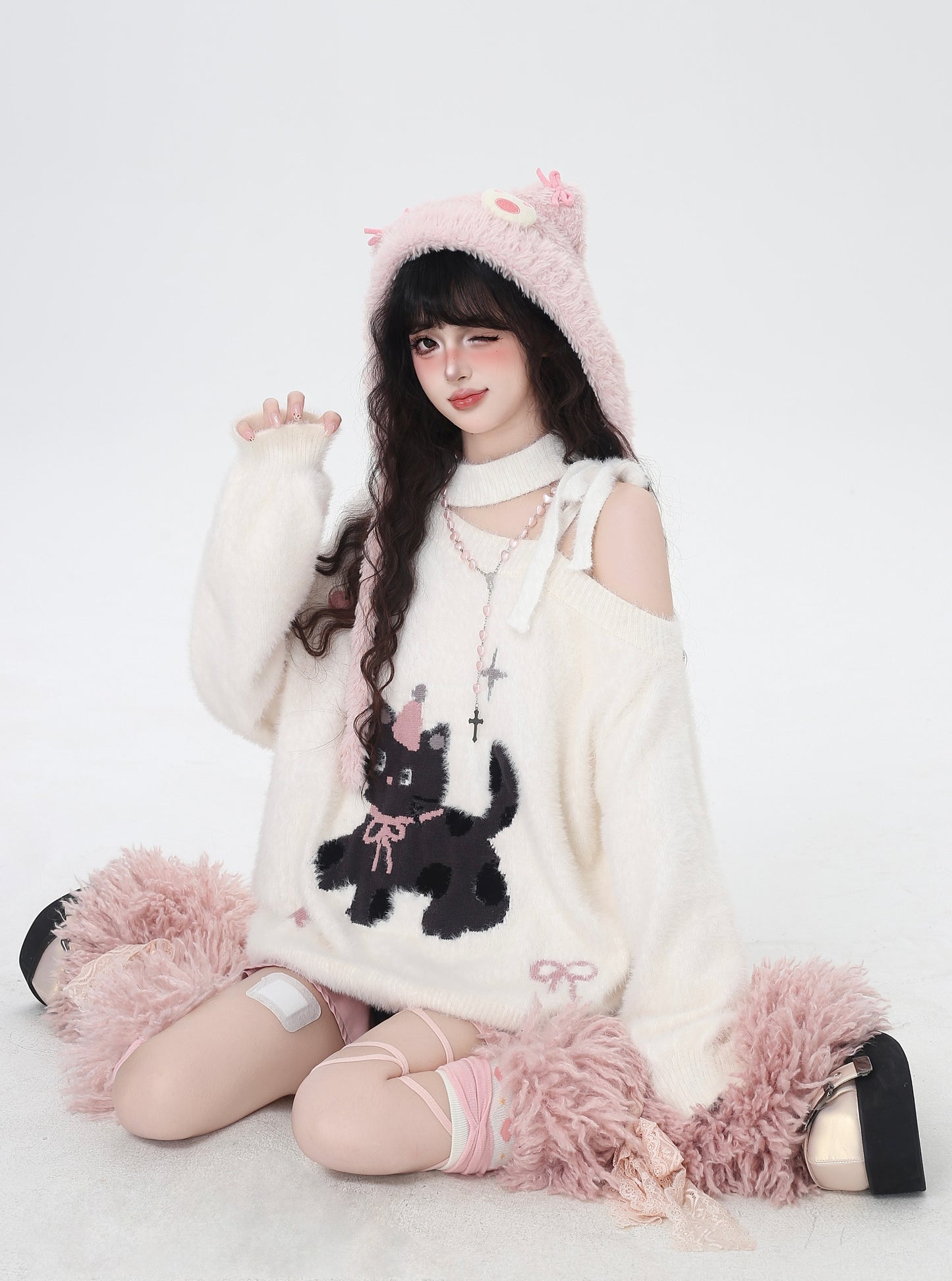 ねこ刺繍オフショルふわもこニット｜ガーリースタイル