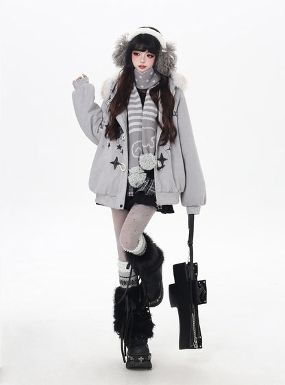 星柄レター×ボア襟取り外し可能 ゆるシルエット中綿ジャケット