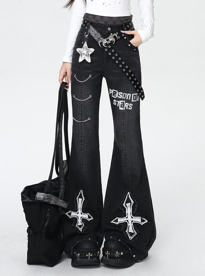 オリジナル甘辛Y2Kチェーンハイウエストデニムフレアパンツ