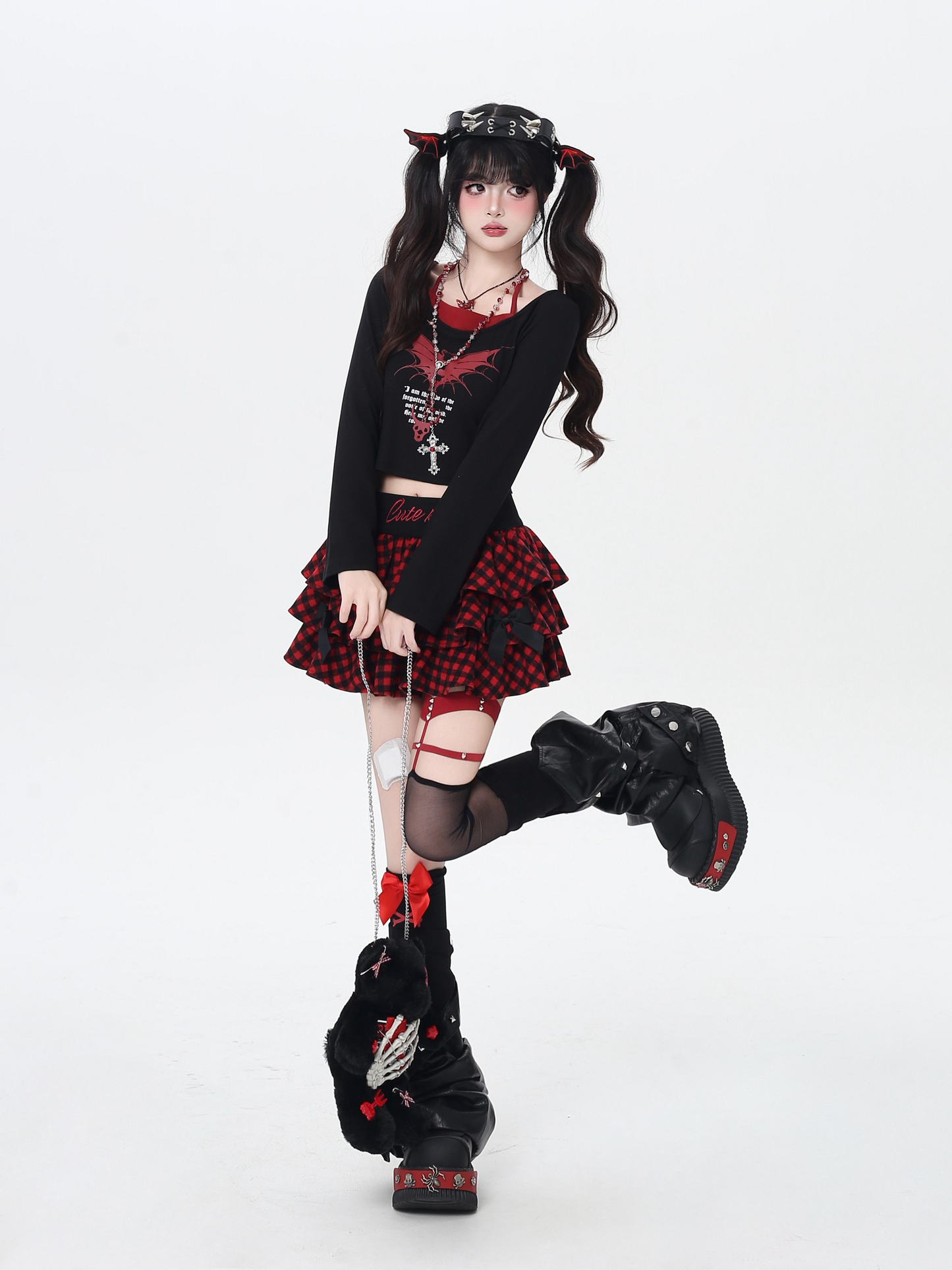 チェック刺繍リボンフレアスカート