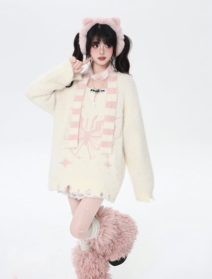 Vネック蝶モチーフふわもこニット＋マフラー