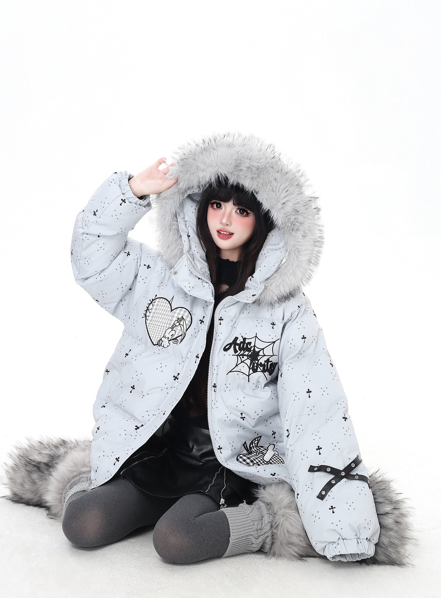 雪柄フード付き取り外し可毛襟コットンジャケット