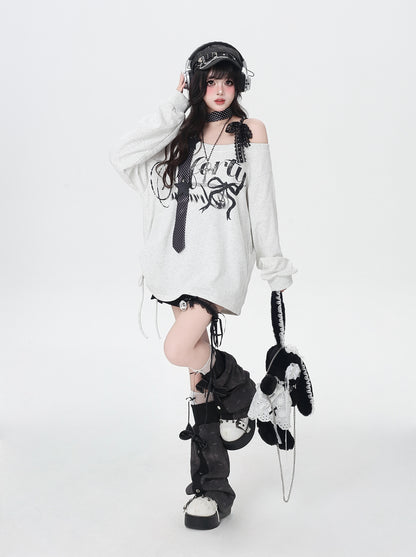 ロゴ×斜めオフショル ゆるスウェット