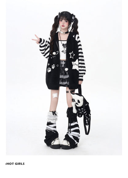 星柄ボーダーVネックフーディーニットカーデ