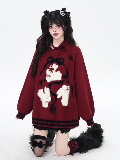 ゆる地雷 うさみみ×リボン ニットセーター 秋冬 オーバーサイズ 量産型 Y2Kコーデ