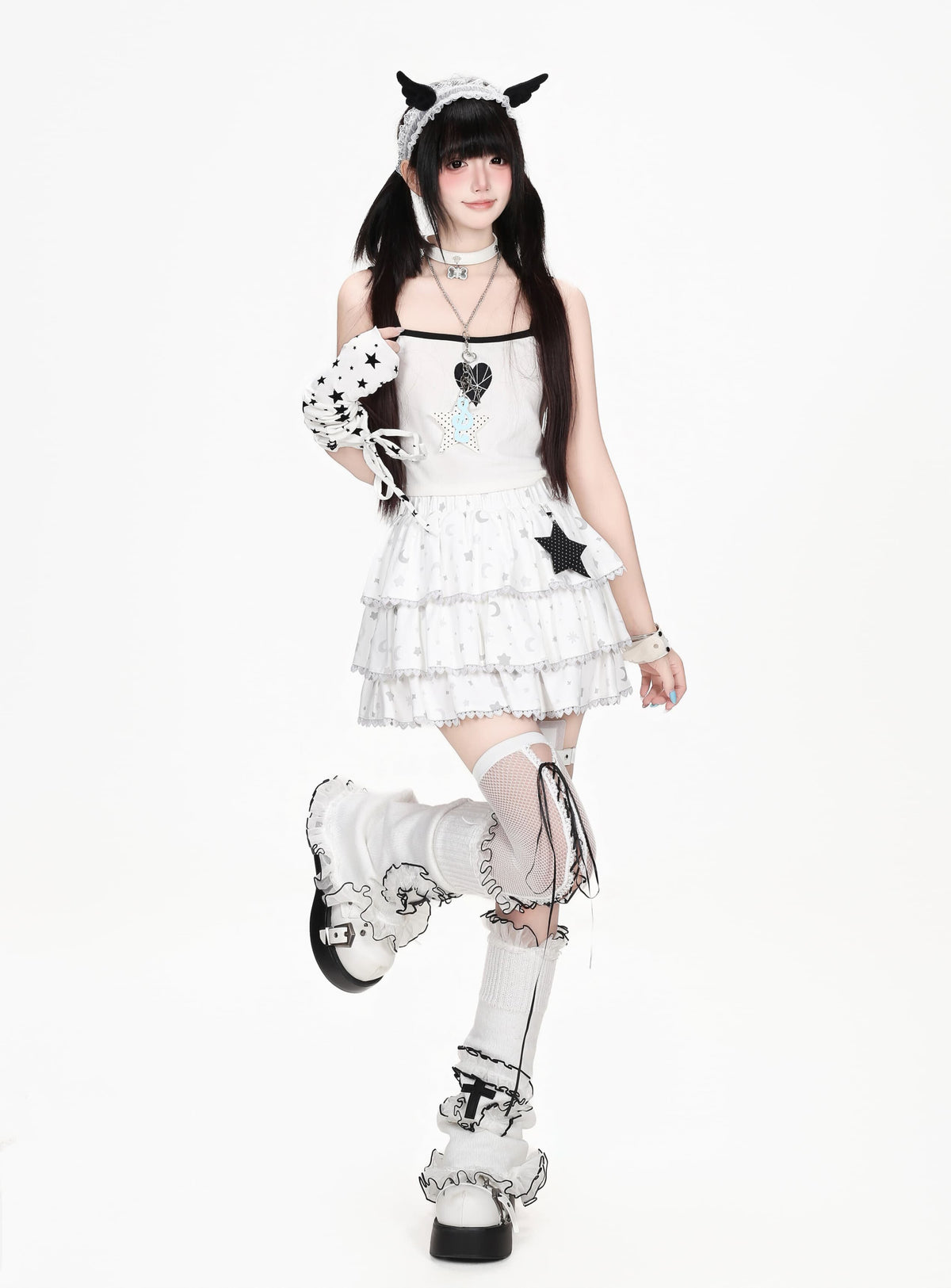 星柄プリントリボンスリーブフード付きトップス