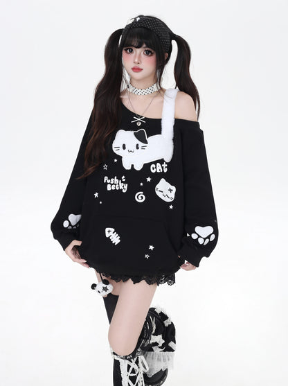 猫柄ふわもこオフショルスウェット
