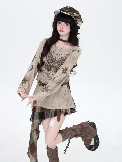 クラッシュ加工 バタフライ柄ロングスリーブT