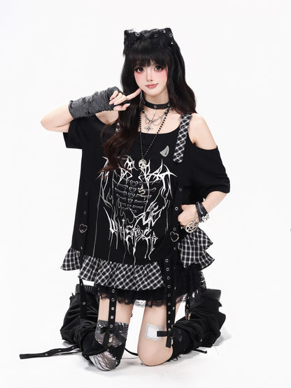 チェック切替オフショルTシャツ