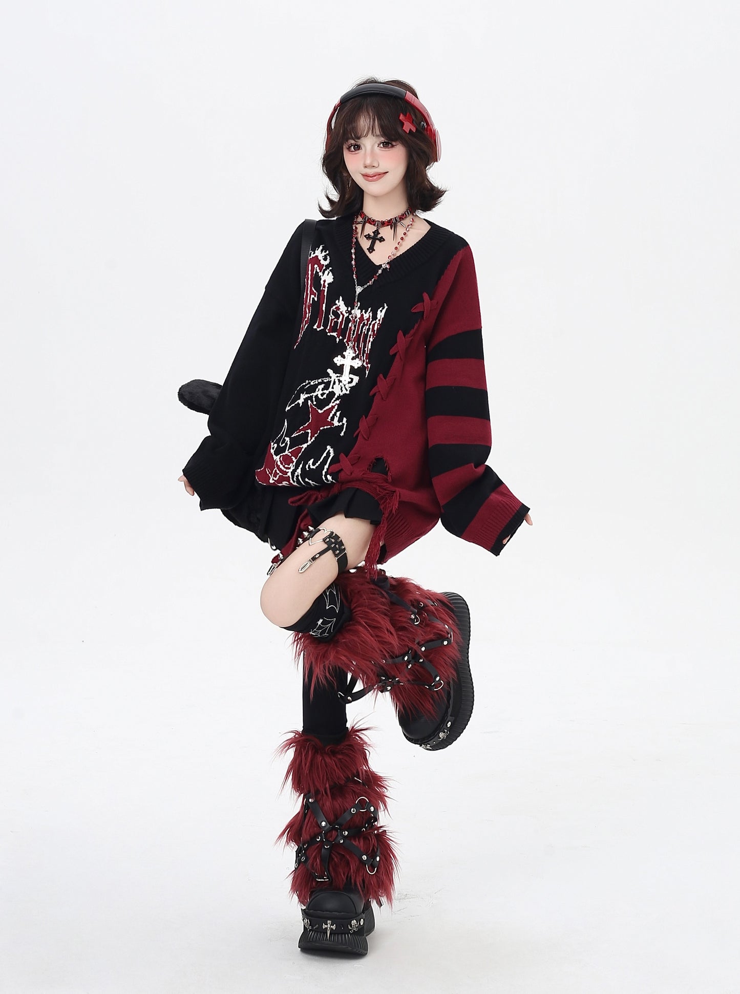 ゆるギャル系 Vネック配色リボンニット♡秋冬甘辛ミックス